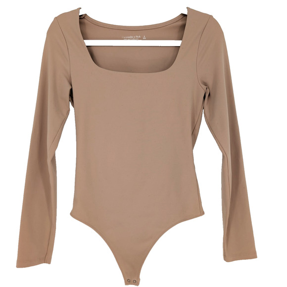 Abercrombie & Fitch Soft AF Tan Square Neck Long Sleeve Bodysuit SML Balletcore - Picture 2 of 7